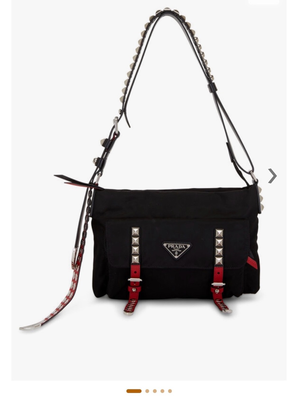 Prada Black Tessuto Vela Bag with Red Trim and Silver Studs strap